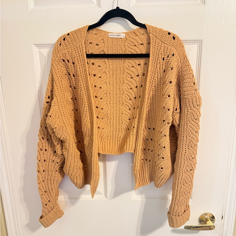 moon & madison mustard yellow cropped knit cardigan L